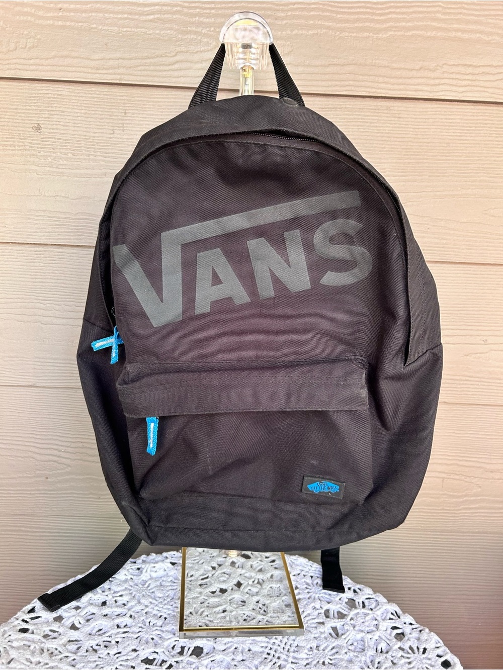 Vans Black Backpack with Grey Logo and Blue Accents